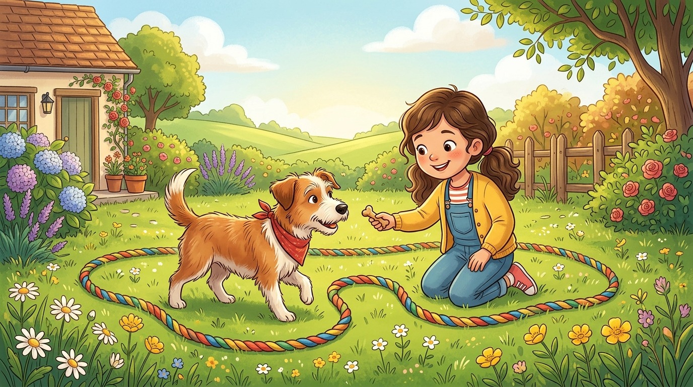 Ein Kind und ein Hund spielen gemeinsam Die Schlängel-Linie auf einer grünen Wiese mit einem Gartenschlauch.