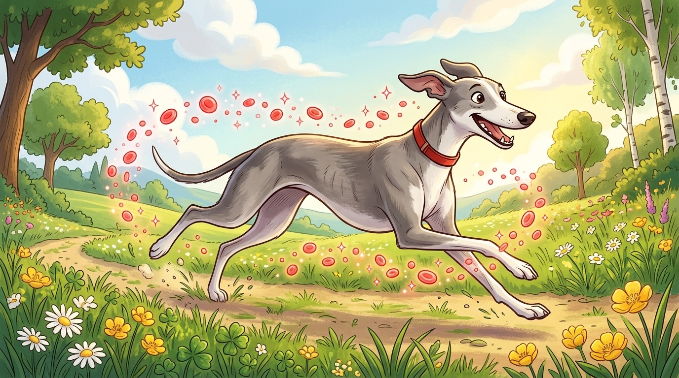 Eine Illustration eines rennenden Greyhounds auf einer Wiese, der von kleinen roten Symbolen für Energie begleitet wird.
