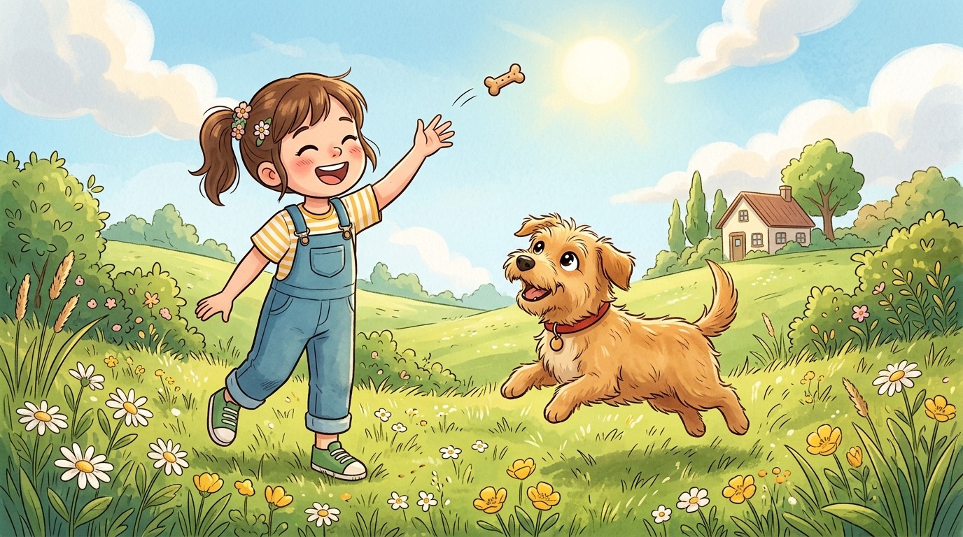 Ein fröhliches Kind wirft einem aufmerksamen Hund ein Leckerli zu, während der Hund bereit ist, es aus der Luft zu fangen.