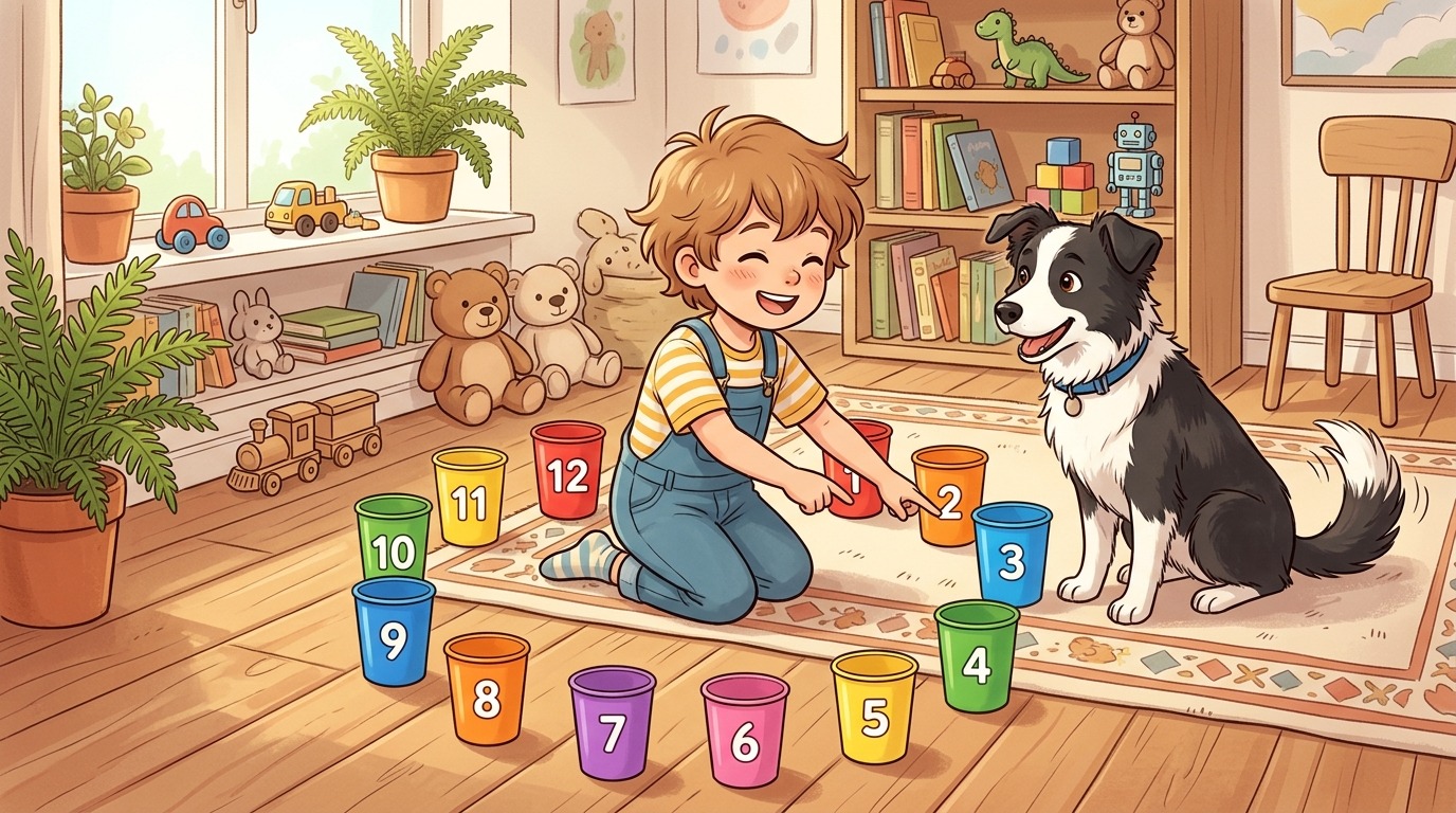 Ein Kind und ein Hund spielen die Becher-Uhr in einem gemütlichen Zimmer.