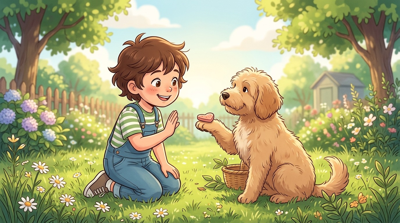 Ein glückliches Kind und ein konzentrierter Hund spielen gemeinsam die Snack-Waage im Garten.