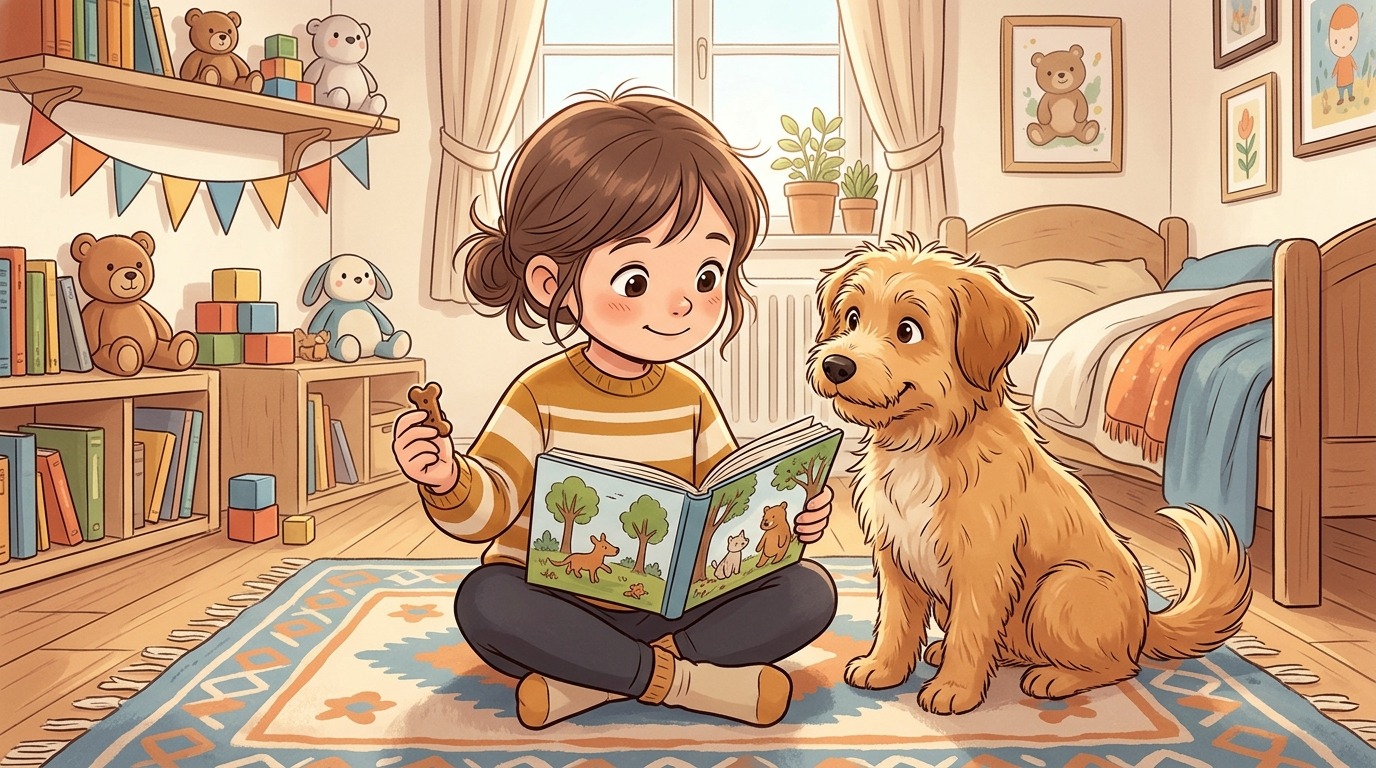 Ein Kind liest seinem Hund in einer gemütlichen Ecke aus einem Buch vor, während der Hund aufmerksam zuhört.