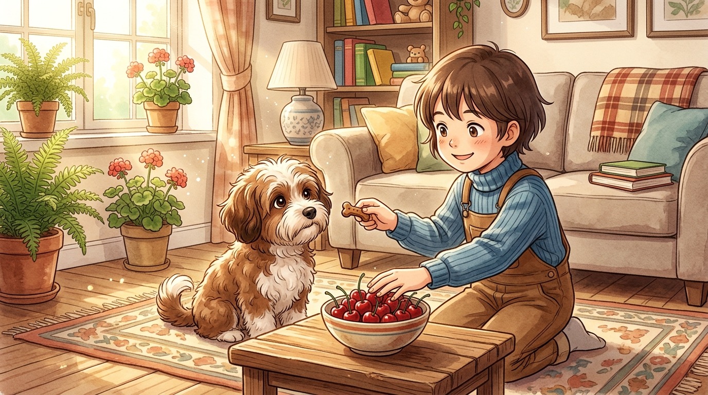 Illustration eines Kindes, das einen kleinen Hund sanft davon abhält, Kirschen von einem Tisch zu nehmen.