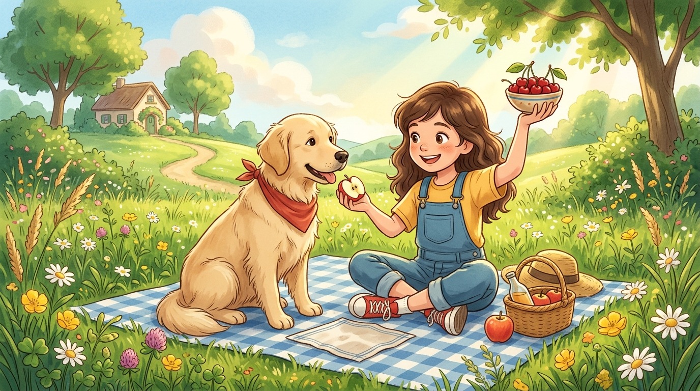 Ein Kind teilt sicher Obst mit seinem Hund im sonnigen Garten