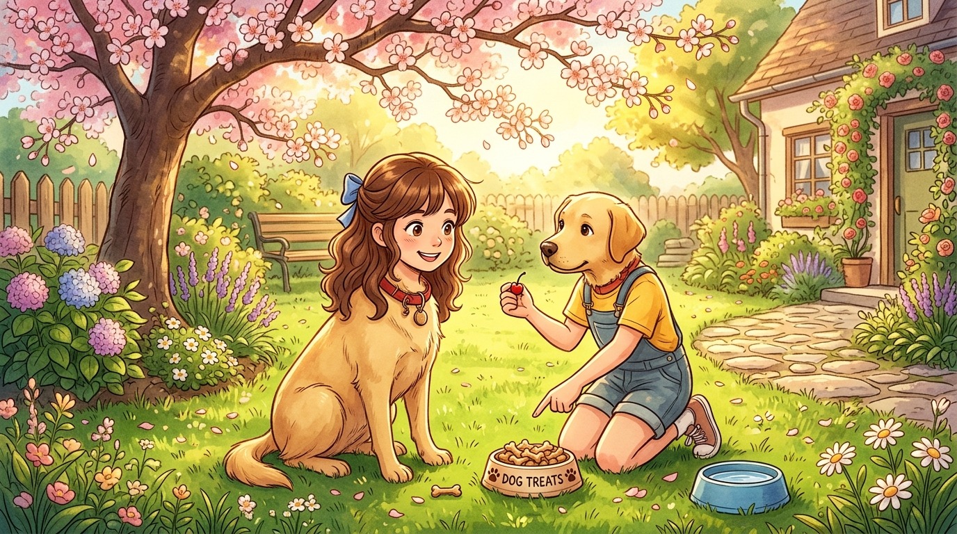 Ein junges Mädchen sitzt im Garten neben einem Labrador und erklärt ihm freundlich, warum er die Kirschen am Baum nicht essen darf.