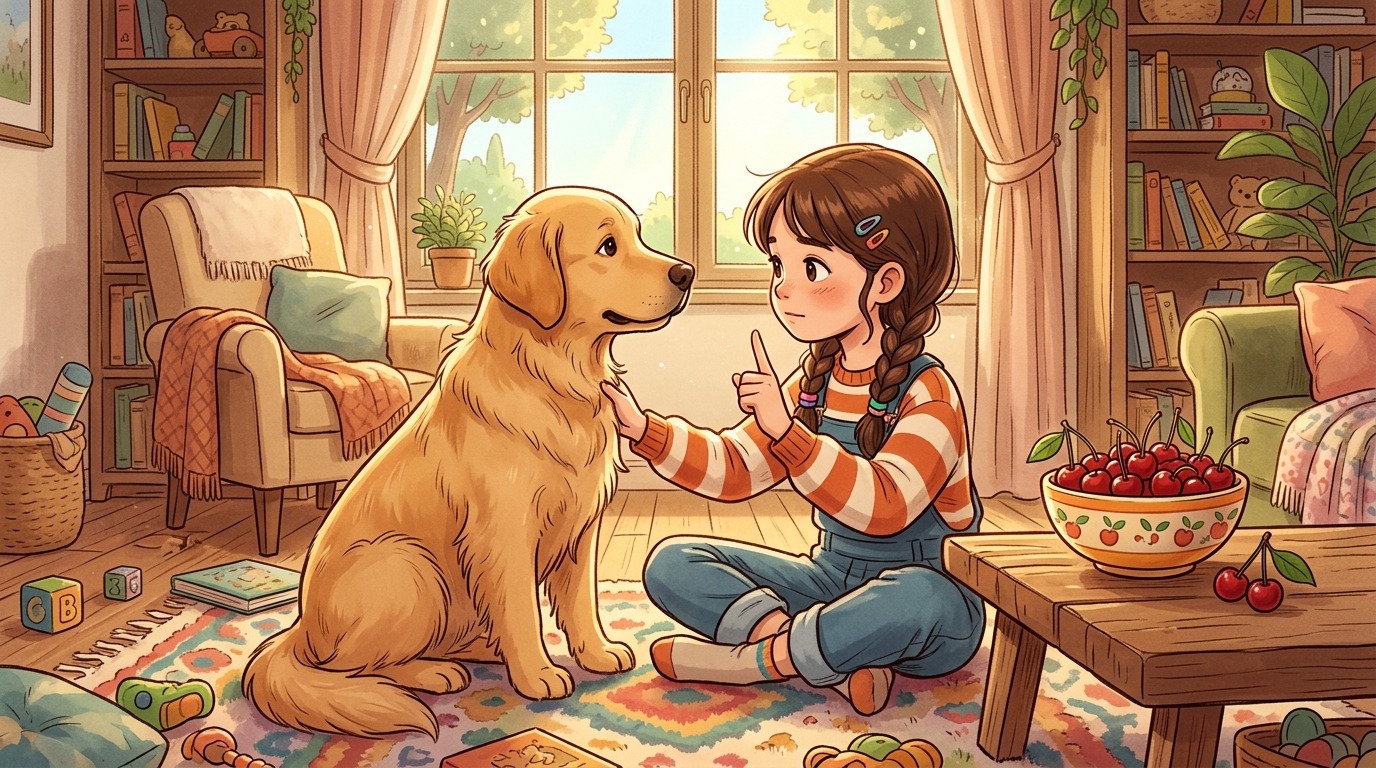 Ein Kind erklärt seinem Golden Retriever Hund geduldig, dass er keine Kirschen aus der Schale essen darf.