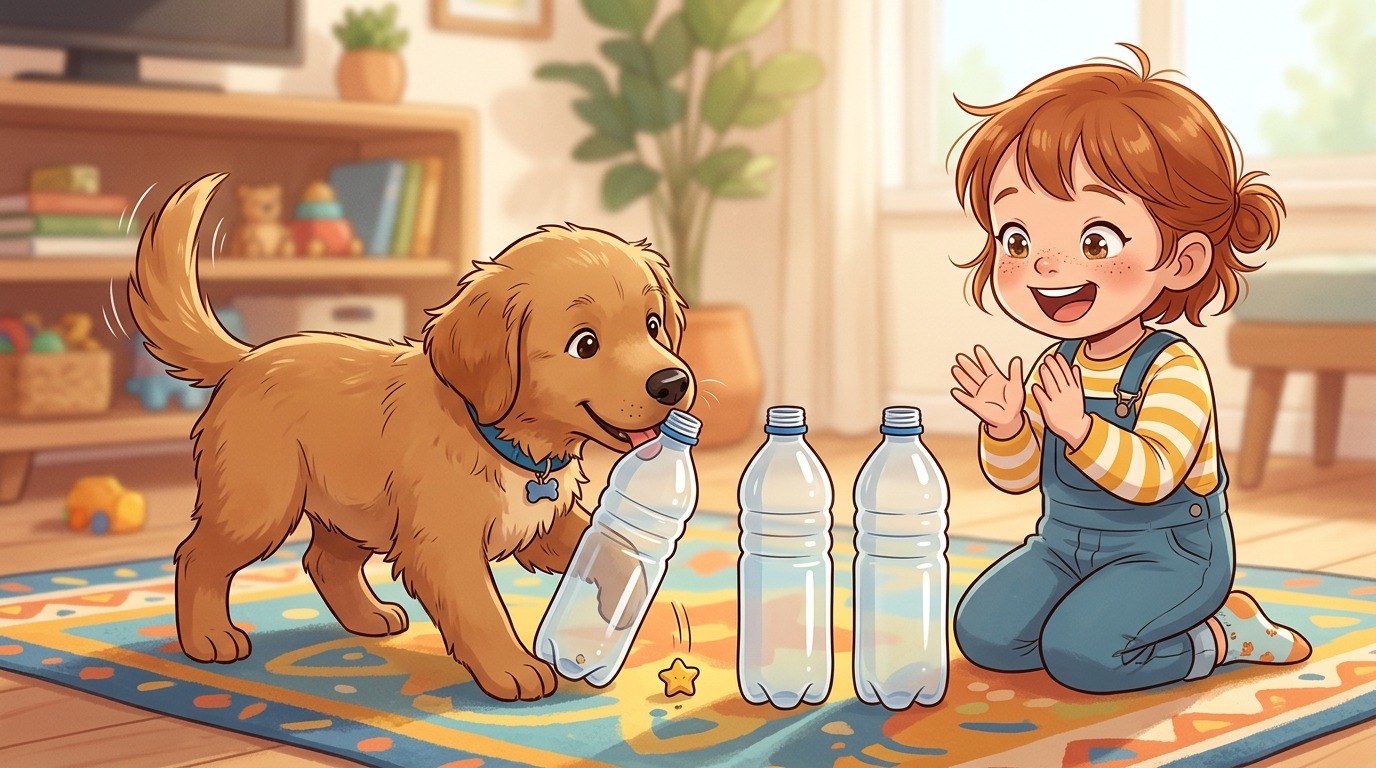 Ein glücklicher Hund und ein Kind spielen gemeinsam das Suchspiel Die Flaschen-Suche mit Plastikflaschen auf einem Teppich.