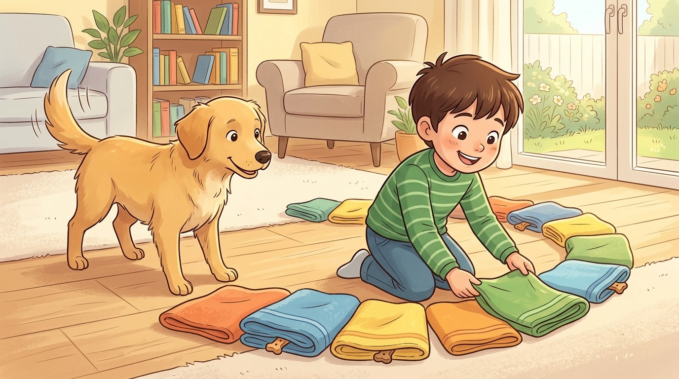 Ein Kind und ein Hund spielen gemeinsam das Handtuch-Labyrinth in einem gemütlichen Zimmer.