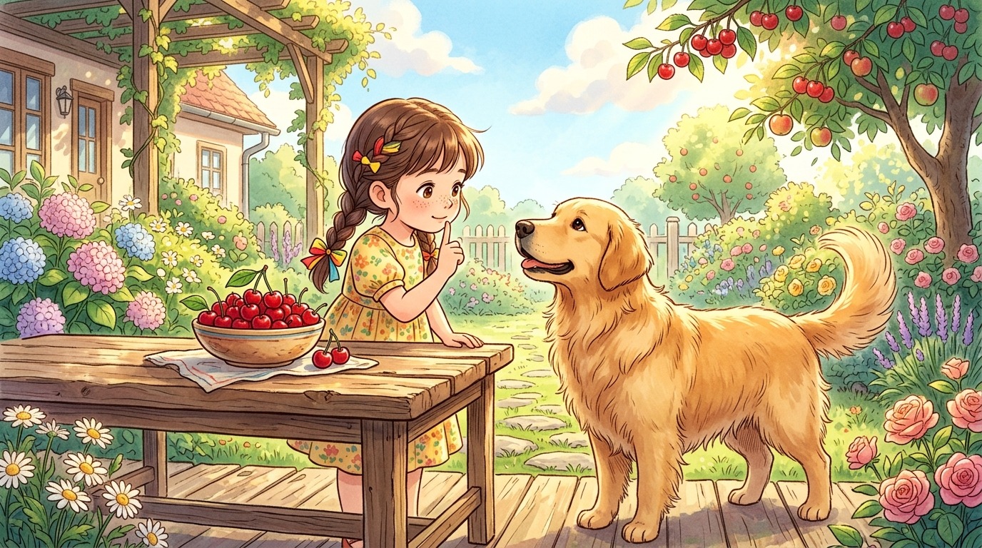 Ein Kind in einem sonnigen Garten zeigt seinem Hund eine Kirsche und schüttelt erklärend den Kopf.