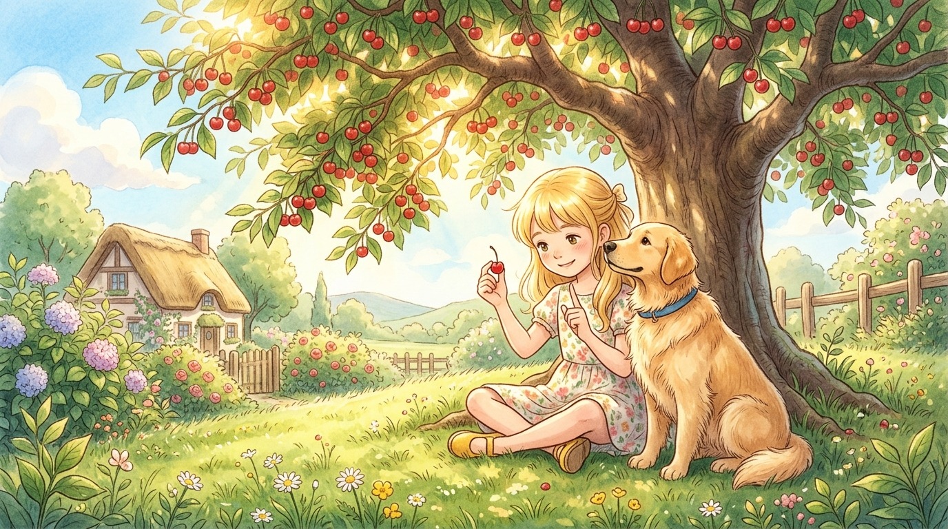Ein Kind erklärt seinem Golden Retriever unter einem Kirschbaum, warum er die roten Früchte nicht essen darf.