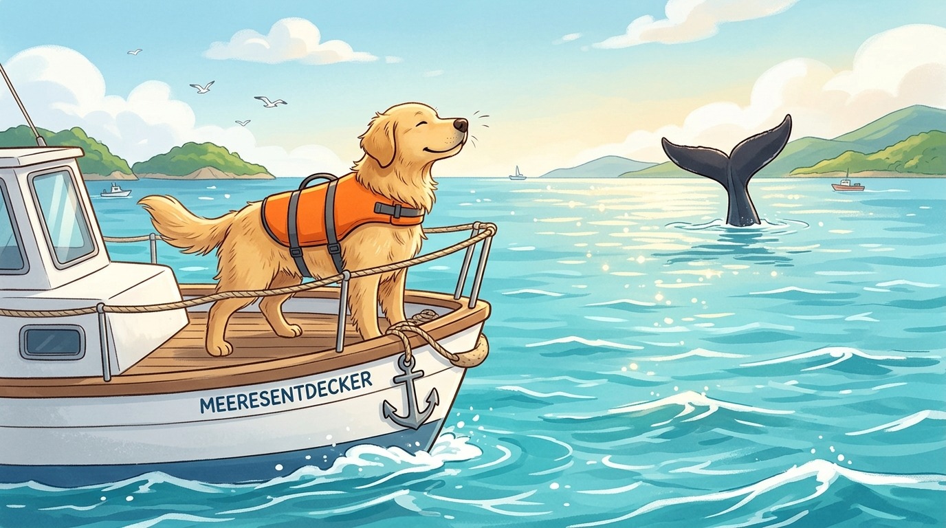 Ein freundlicher Hund mit einer Rettungsweste steht vorne auf einem Forschungsboot und schnüffelt über dem glitzernden Meer nach Walen.