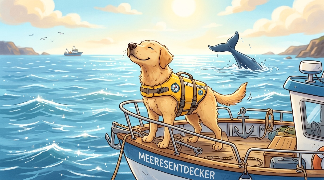 Ein freundlicher Hund mit gelber Schwimmweste steht vorne auf einem kleinen Forschungsboot und schnüffelt im Wind, während im Hintergrund eine Walflosse im blauen Meer zu sehen ist.
