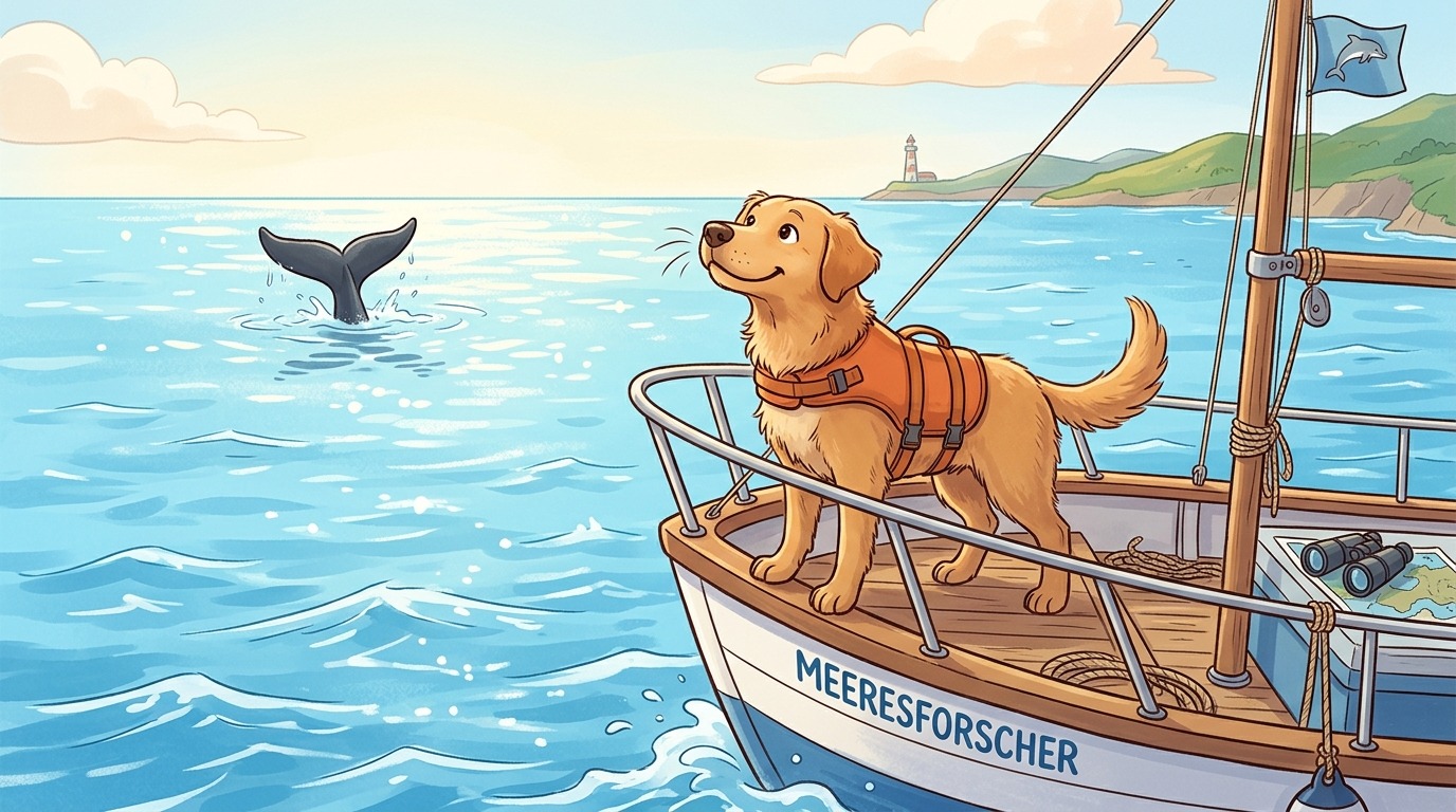 Ein freundlicher Hund mit orangefarbener Schwimmweste steht vorne auf einem Forschungsboot im Meer und schnüffelt in der Luft, im Hintergrund ist eine Walflosse zu sehen.