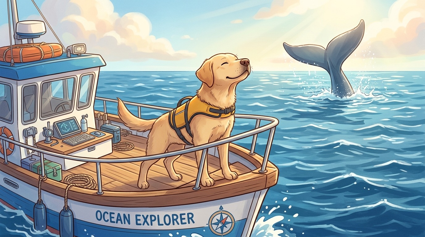 Ein freundlicher Hund mit gelber Schwimmweste steht vorne auf einem Forschungsboot im Meer und schnuppert konzentriert in den Wind.