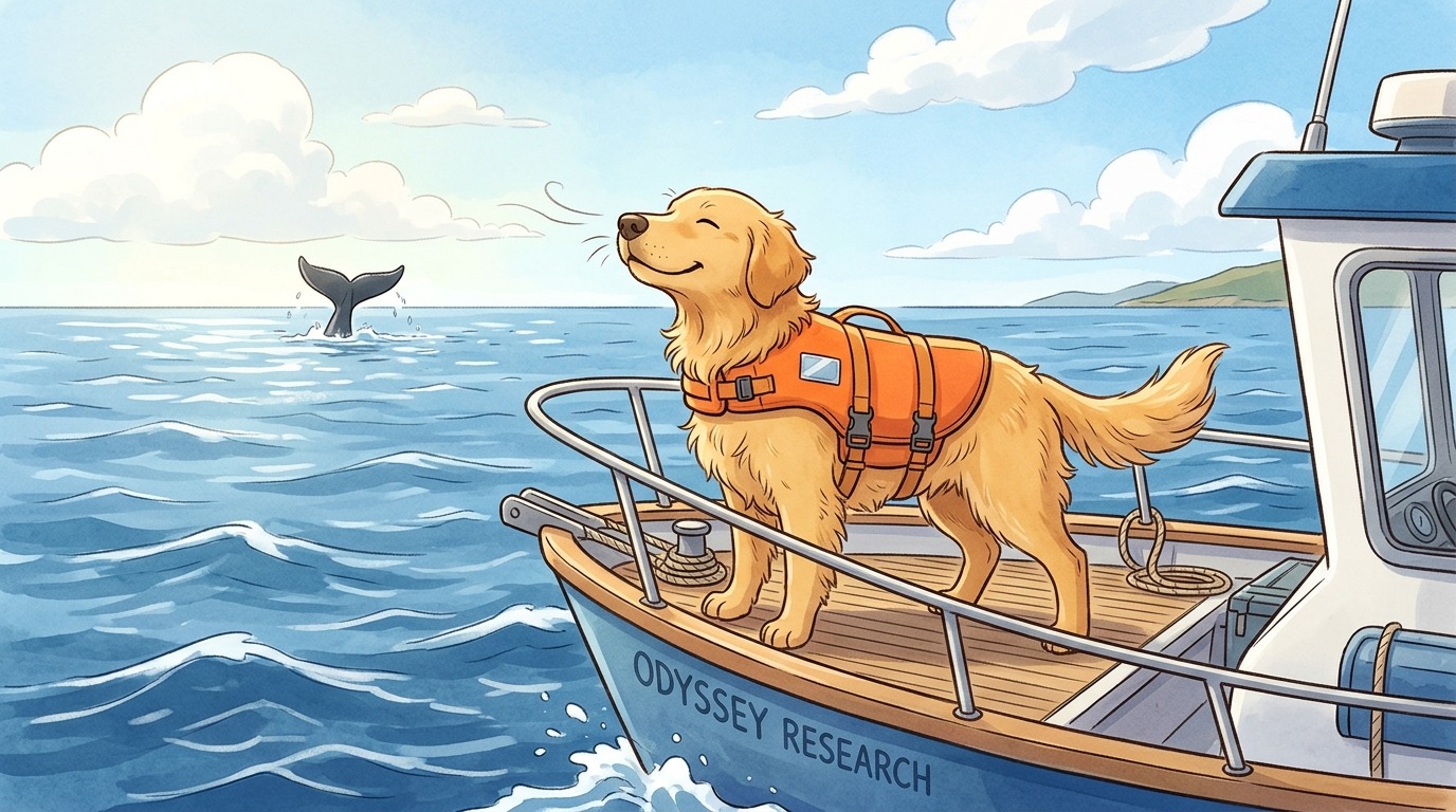Ein freundlicher Hund mit orangefarbener Rettungsweste steht am Bug eines Bootes und schnüffelt über den weiten Ozean.