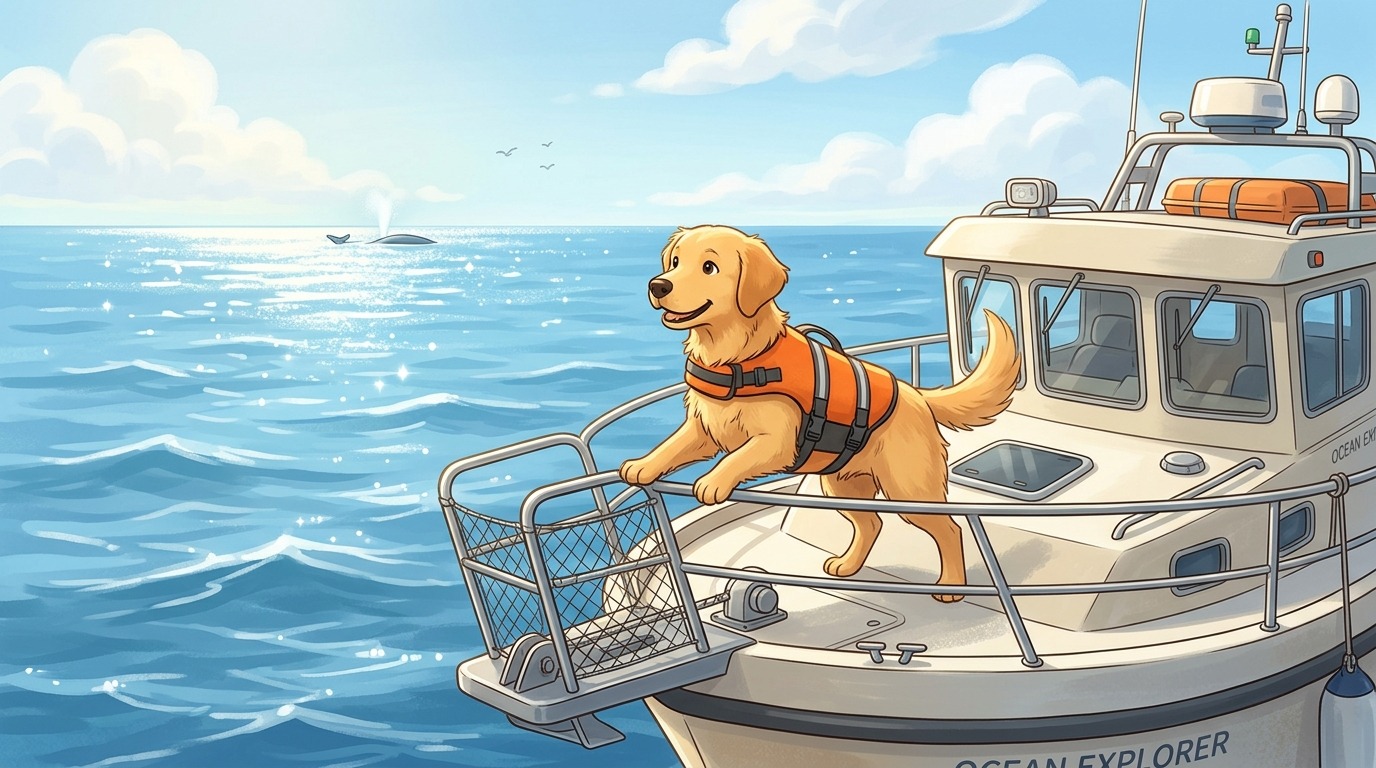 Ein freundlicher Hund mit einer kleinen Rettungsweste steht stolz am Bug eines Bootes auf dem glitzernden blauen Meer.