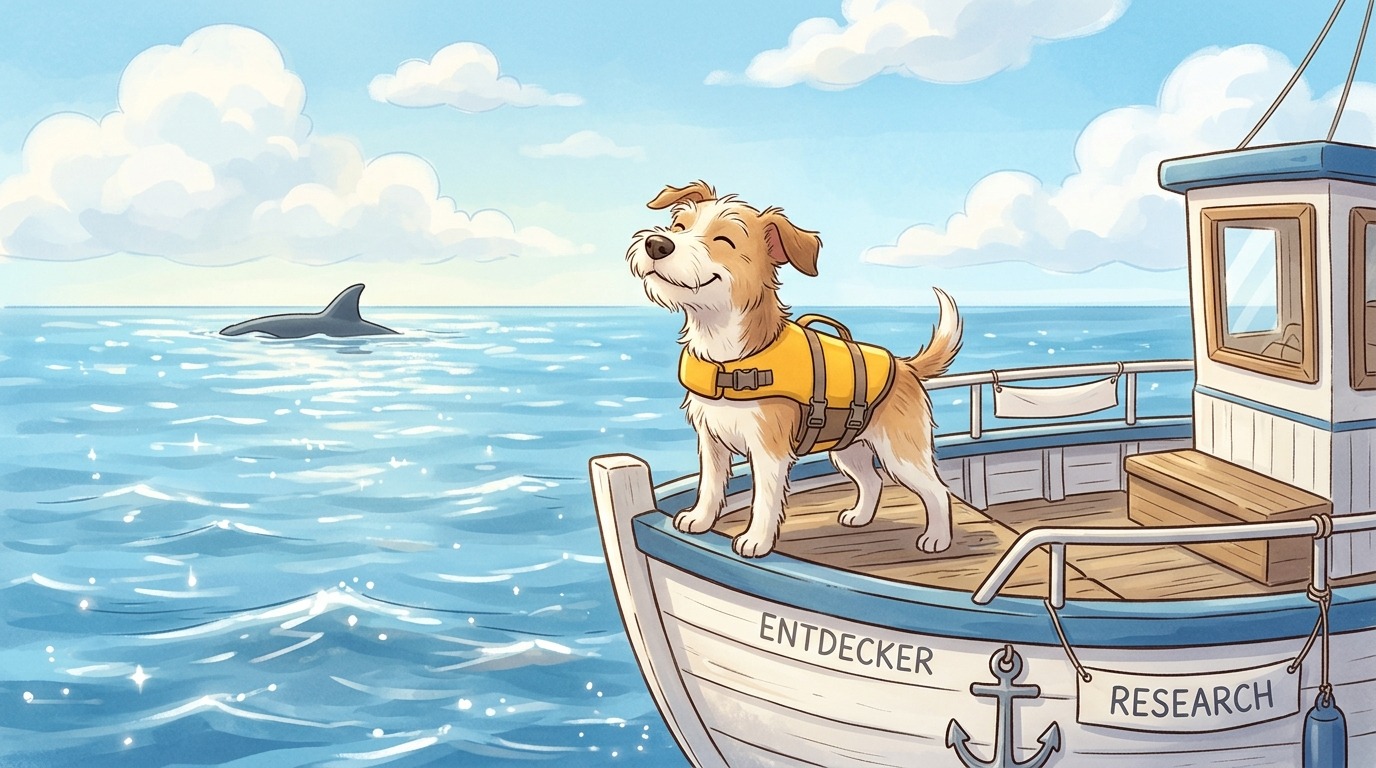 Ein freundlicher Hund mit gelber Schwimmweste steht am Bug eines Bootes auf dem blauen Meer und schnüffelt.