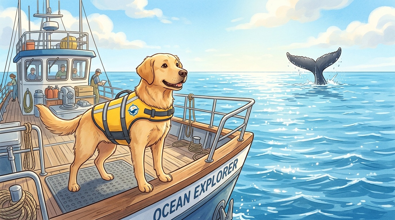 Ein freundlicher Hund mit Rettungsweste steht am Bug eines Bootes auf dem blauen Meer und hält Ausschau nach Walen.