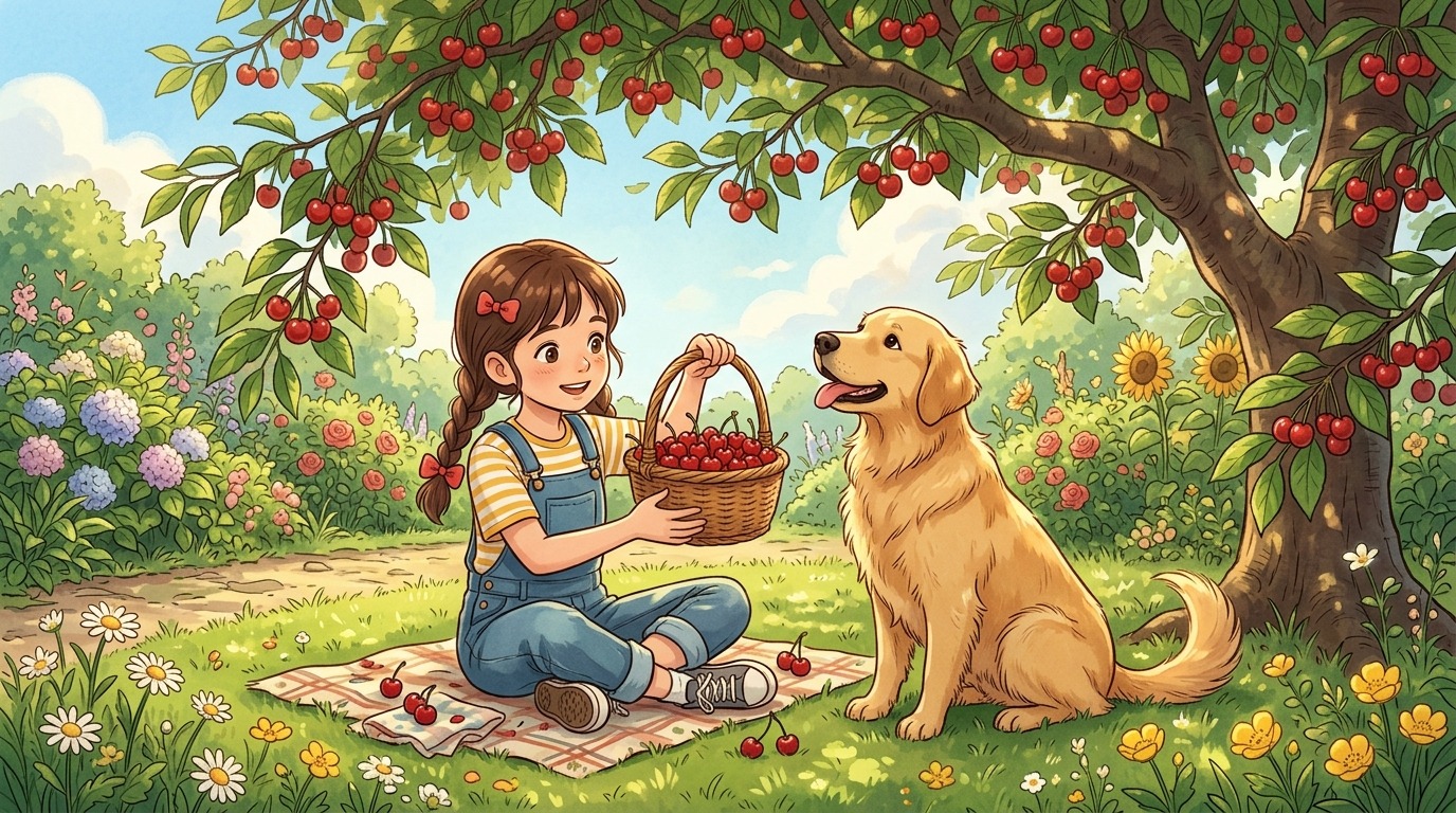 Ein Kind im Garten zeigt seinem Golden Retriever, dass Kirschen nicht zum Essen da sind.