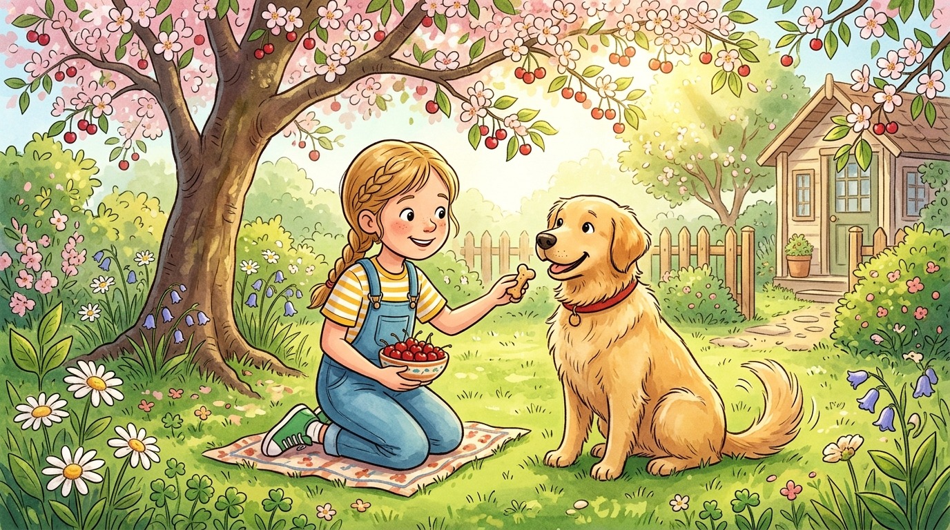Ein Kind im Garten zeigt seinem Hund eine sichere Alternative zu Kirschen