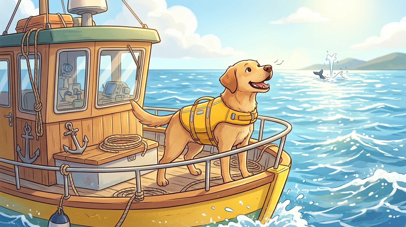 Ein freundlicher Hund mit gelber Schwimmweste steht am Bug eines Bootes und schnuppert über das weite blaue Meer.