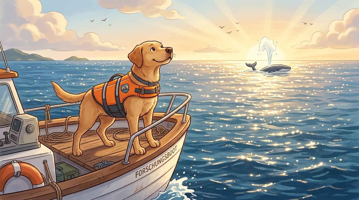 Ein freundlicher Hund mit Schwimmweste steht am Bug eines Bootes auf dem Meer und schnüffelt konzentriert in den Wind.