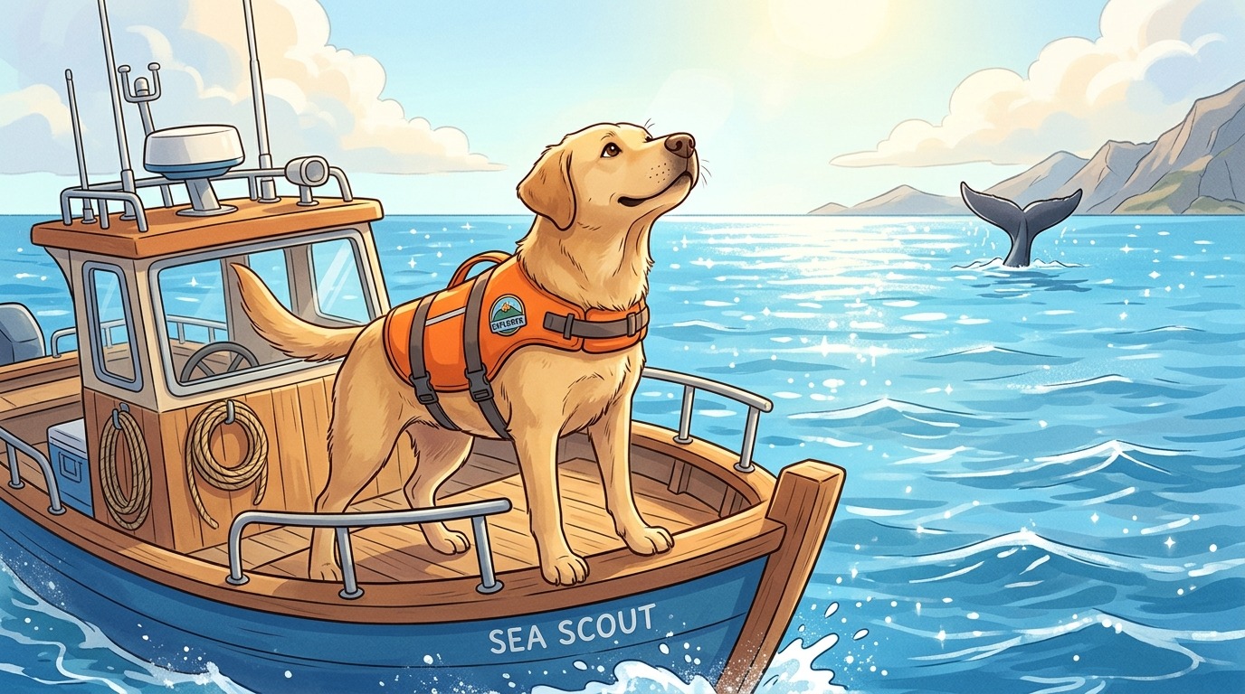 Ein freundlicher Hund mit orangefarbener Schwimmweste steht auf einem Forschungsboot und blickt auf das weite Meer, wo im Hintergrund ein Wal auftaucht.
