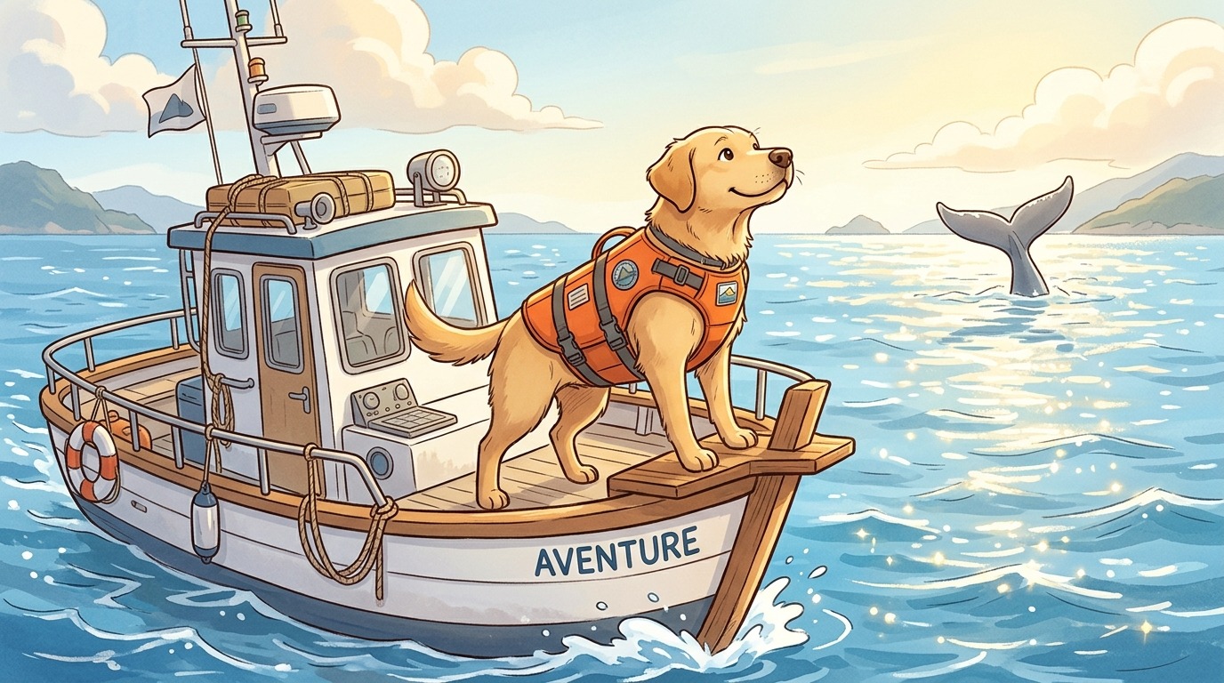 Ein freundlicher Hund mit Schwimmweste steht auf einem Forschungsboot und schnüffelt im Wind nach Walen.