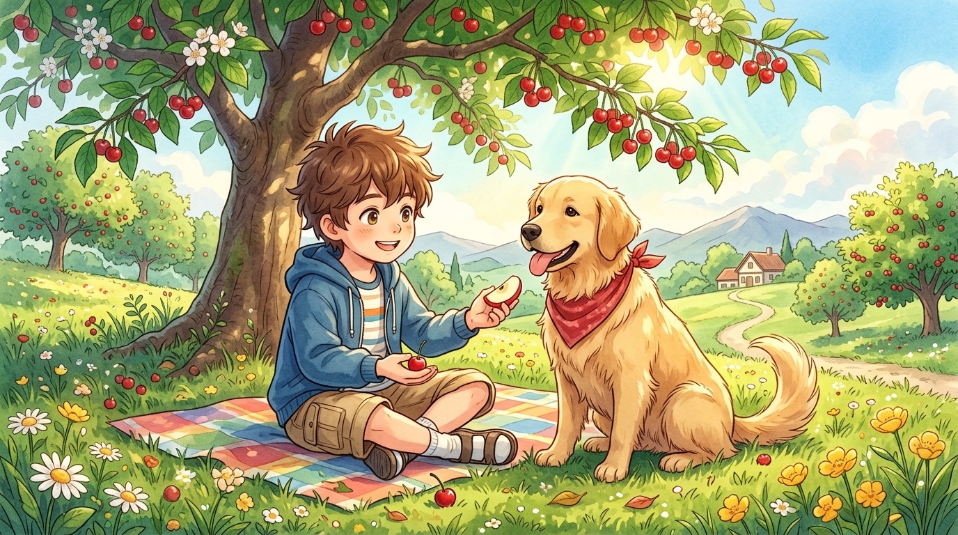 Ein Kind zeigt seinem Golden Retriever unter einem Kirschbaum eine gesunde Apfelalternative.