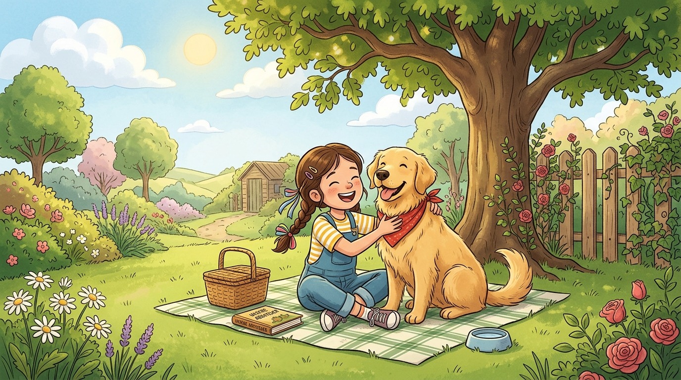 Ein Kind und ein goldener Hund sitzen glücklich zusammen auf einer Wiese im Sonnenschein.