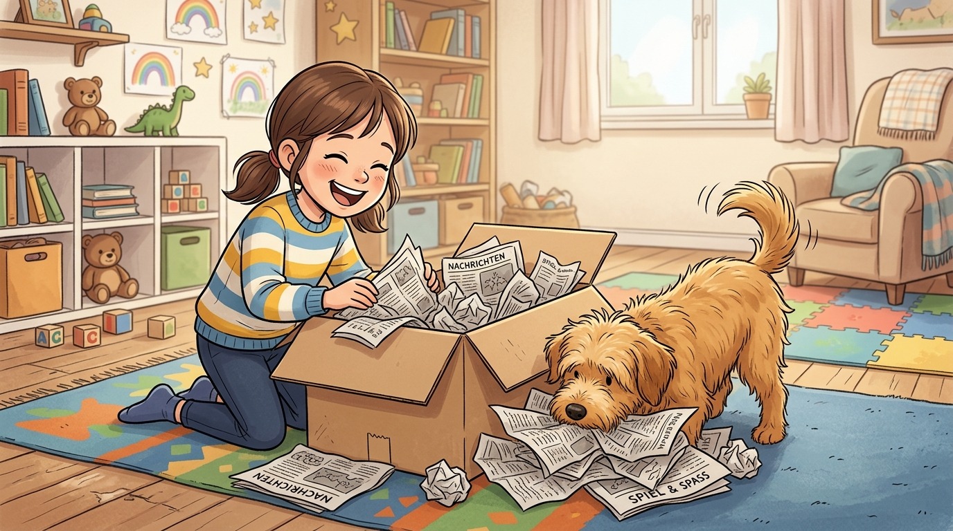 Ein glückliches Kind und ein neugieriger Hund spielen gemeinsam mit einem Karton voll Zeitungspapier.