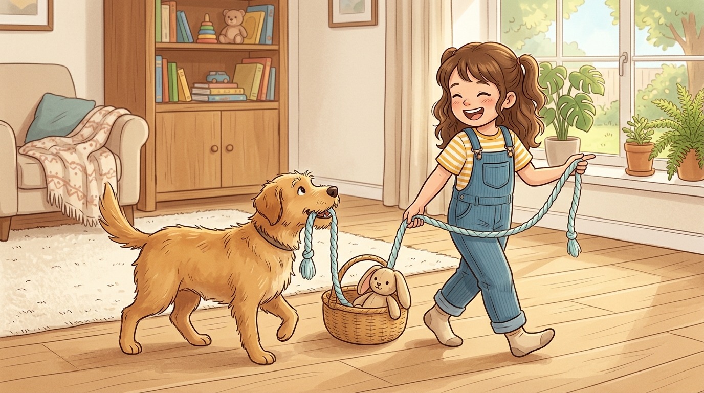 Ein Kind und ein Hund spielen gemeinsam das Spiel Der Korb-Express, bei dem der Hund vorsichtig einen Korb an einem Seil zieht.