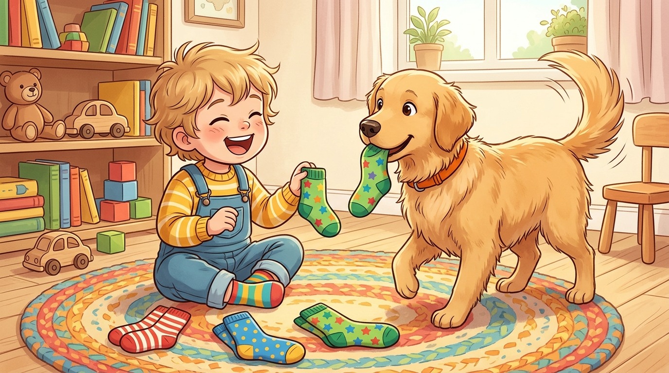 Ein fröhliches Kind und ein aufgeweckter Hund spielen gemeinsam das Suchspiel Die Socken-Sortiermaschine auf einem Teppich.