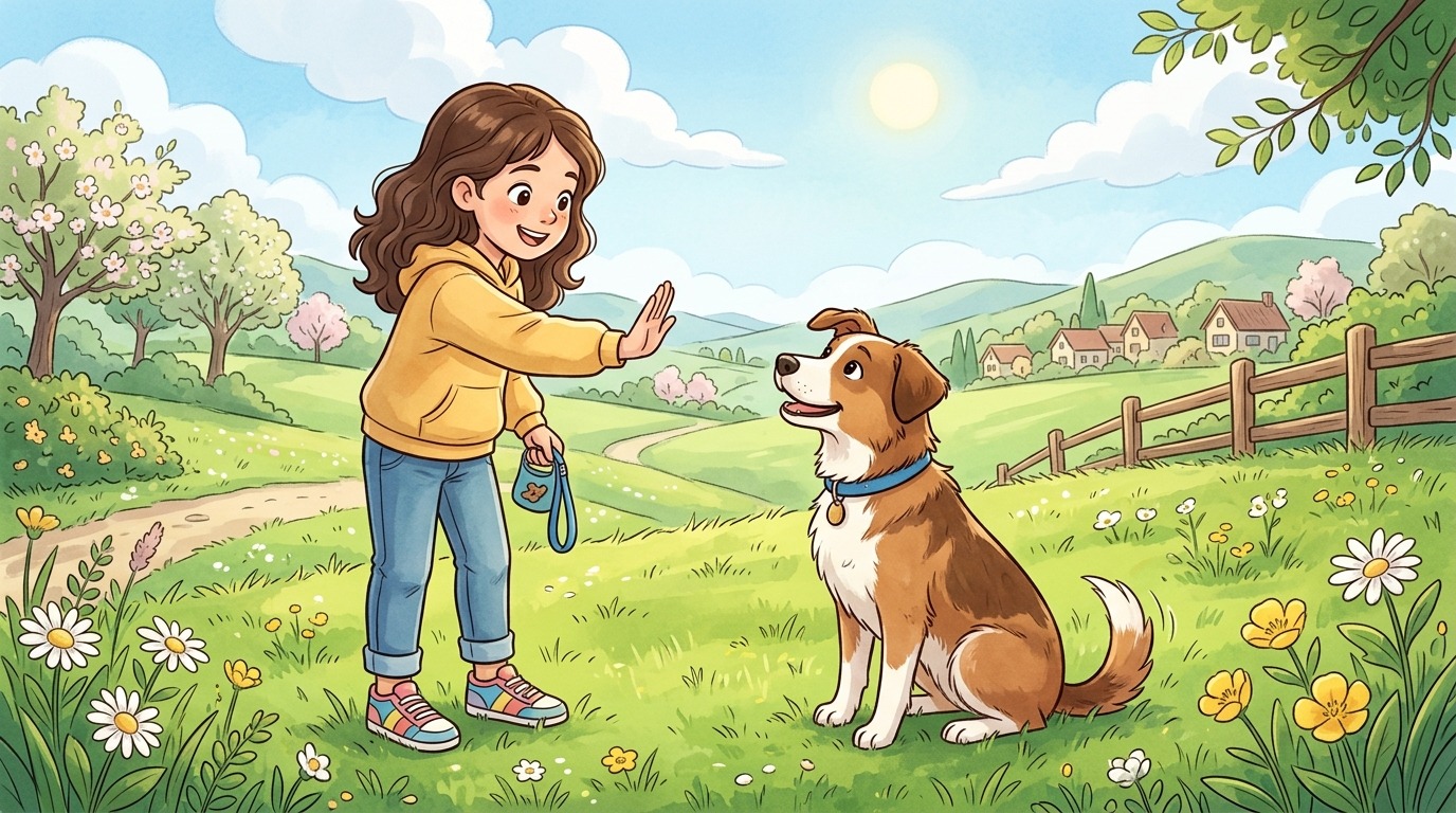 Ein fröhliches Kind gibt seinem aufmerksamen Hund Handzeichen beim Spiel Der Trick-Mixer auf einer sonnigen Wiese.